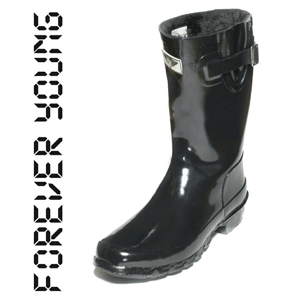 Women Mid Calf Lined Rain Boots, #1502, Black, Size 10